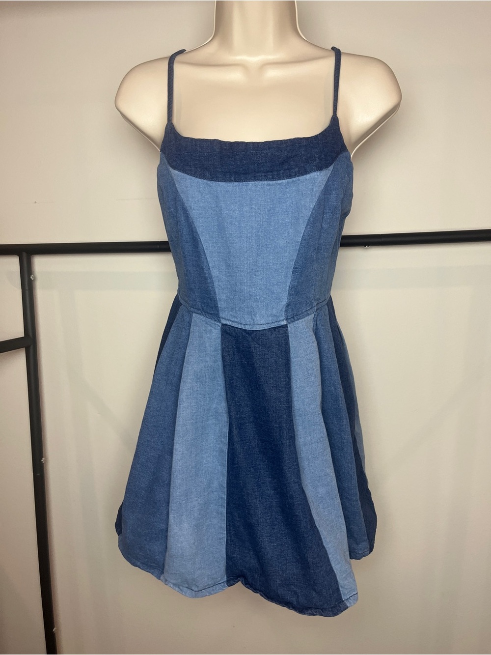 Boho Hippie Patchwork Two-Tone Denim Fit & Flare Mini Dress Medium Cottage Fairy